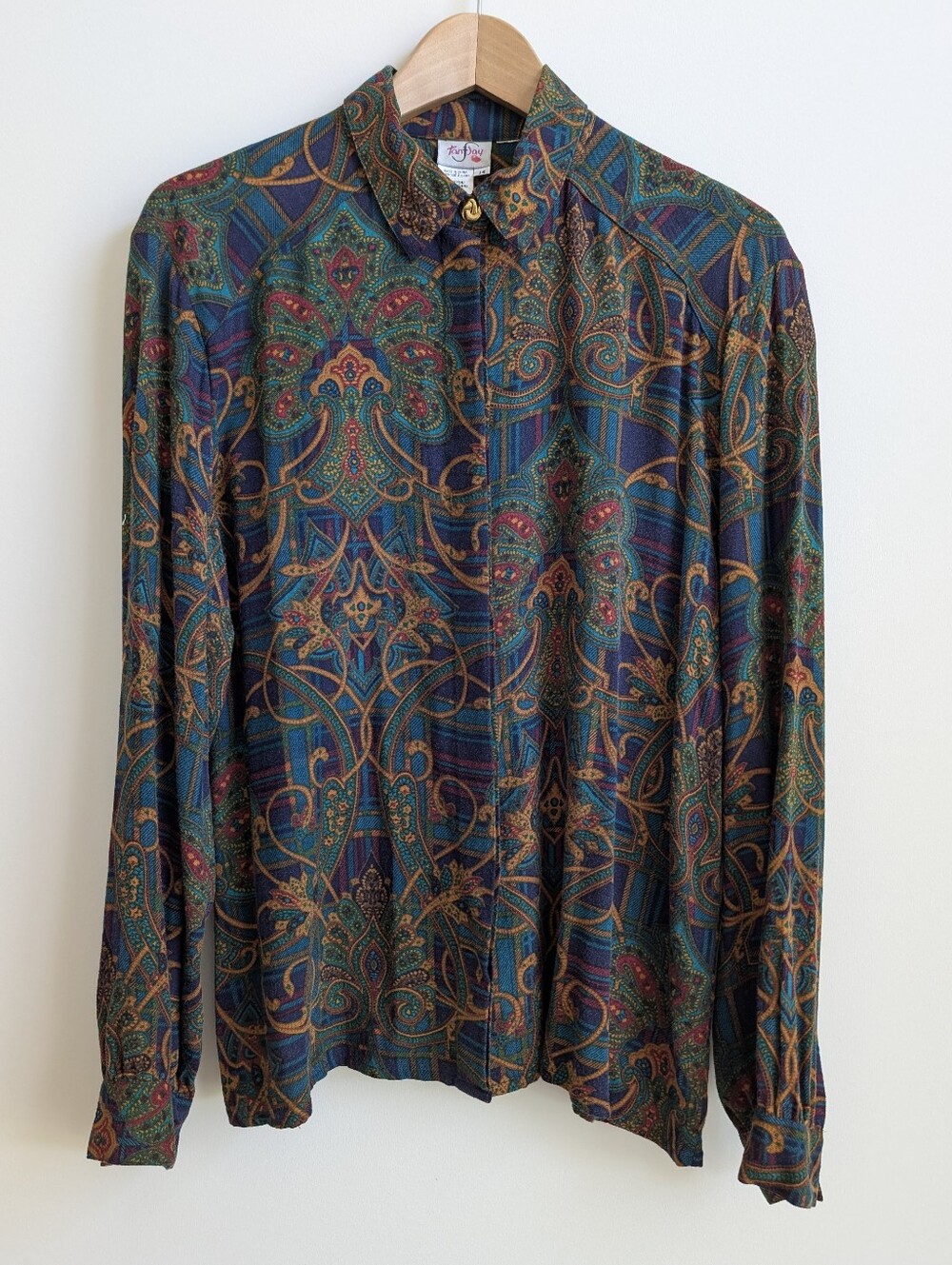 Vintage 14 TanJay Soft Rayon Dark Patterned Button Down Shirt Blouse Top